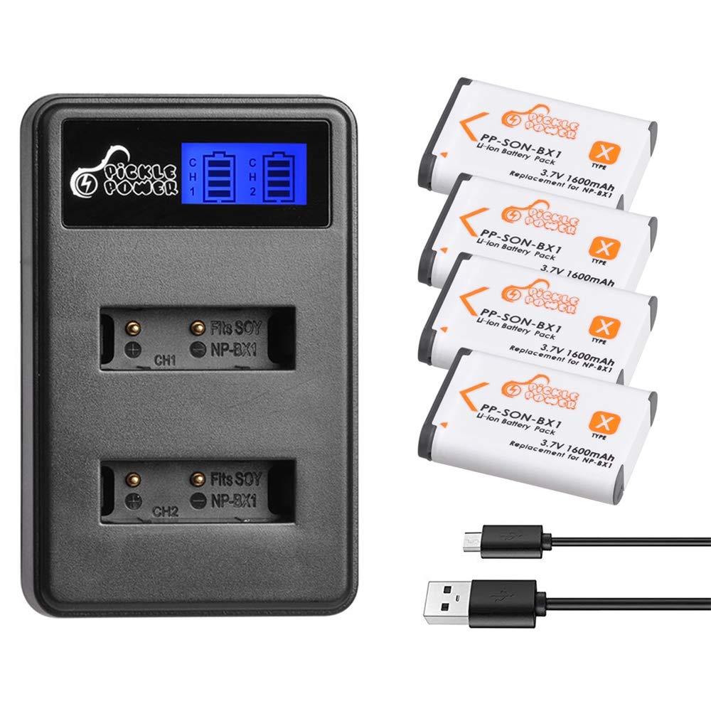 NP-BX1,Pickle Power 4 Pack Batteries and Charger with LCD Display Compatible with Sony CyberShot DSC-RX100, RX100 II, RX100 III, RX100 IV, RX100 V, RX100 VI, DSC-RX1R, RX1R II, HX50V, HX60V, HX80V 4 Battery+ 1 Charger