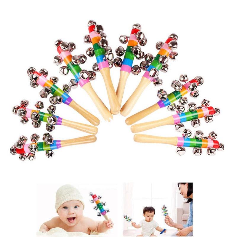 Geicyjiecy 10PCS Vivid Color Rainbow Hanlde Jingle Bells School Kids Musical Rhythm Toys Baby Shaker Rattle Toys for Birthday Party
