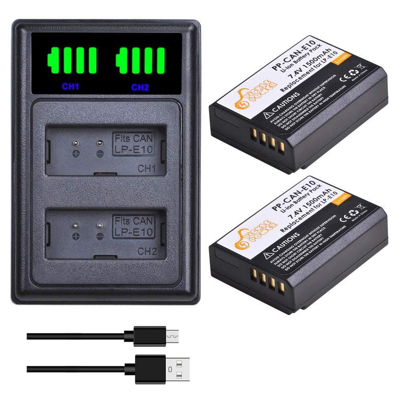 LP-E10 LPE10 Battery and LED USB Dual Charger with Type C Port Replacement for Canon EOS Rebel T6 T5 T7 T3 EOS 1200D 1100D 1300D 1500D 2000D 3000D Rebel KISS X50 X70 X80 X90 2 battery +LED Charger