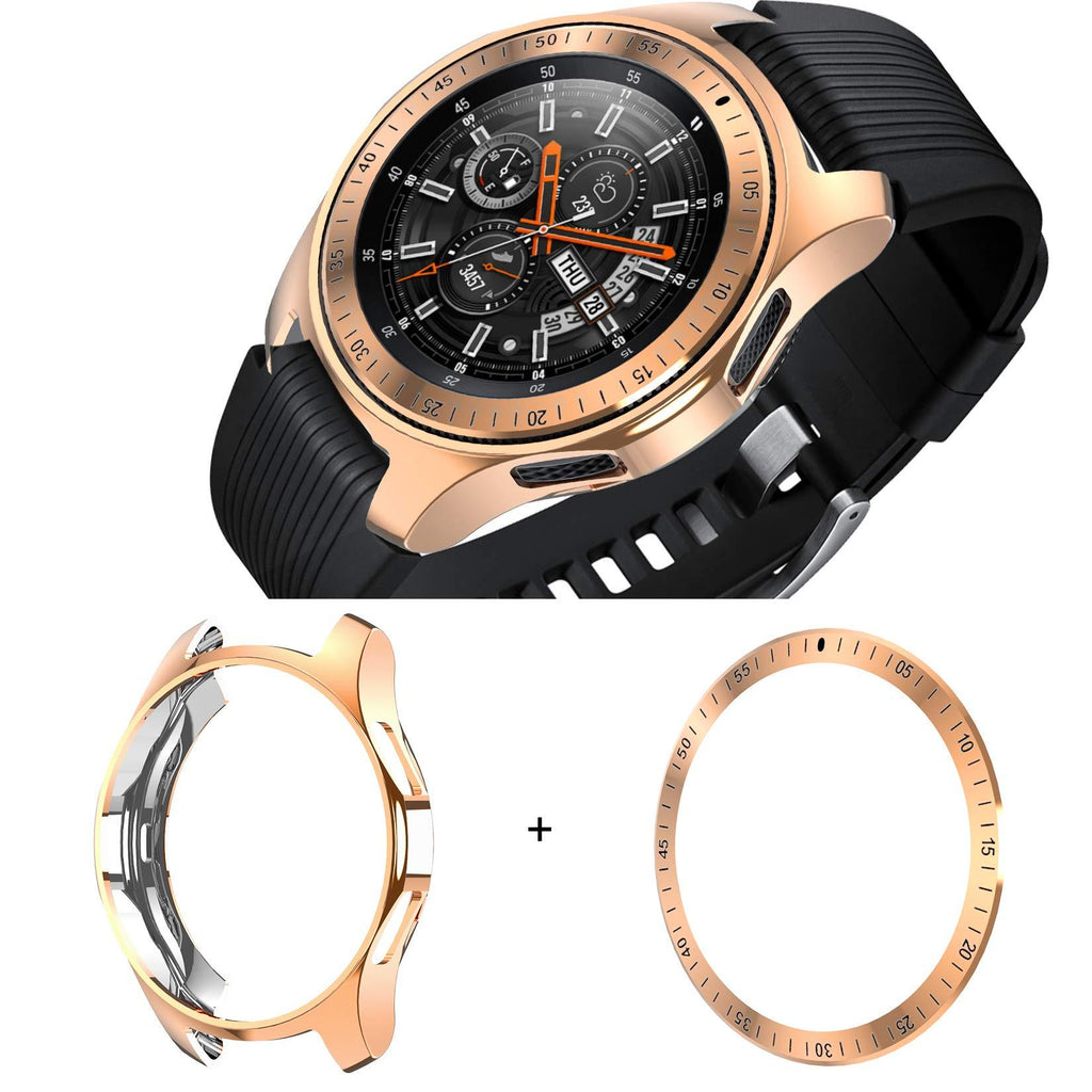 [2 Pack] JZK Samsung Galaxy Watch 46mm/Gear S3 Frontier & Classic Bezel Ring,Adhesive Cover Anti Scratch & Collision Protector Bezel Loop + Protector Case for Galaxy Watch 46mm Smartwatch Accessories Rose Gold-1