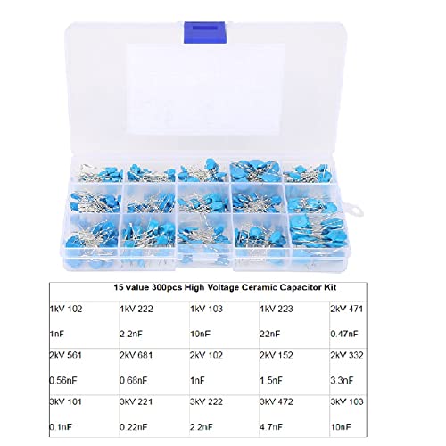 15 Value 300Pcs High Voltage Ceramic Capacitor Kit,Electrolytic Capacitor Assortment Kit Range 1kV~3kV/0.1nF~22nF, 50V