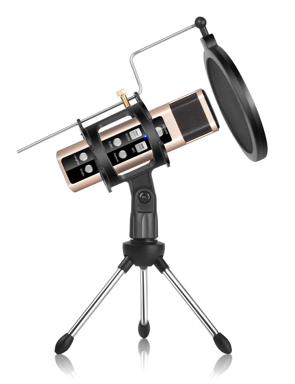[AUSTRALIA] - Remall Condenser Microphone with Effects and Voice Change, Recording Microphone Mic with Stand for Live Streaming Podcasting Singing, Mini Microphone for Computer Mobile Phone iPhone Laptop Type C gold 