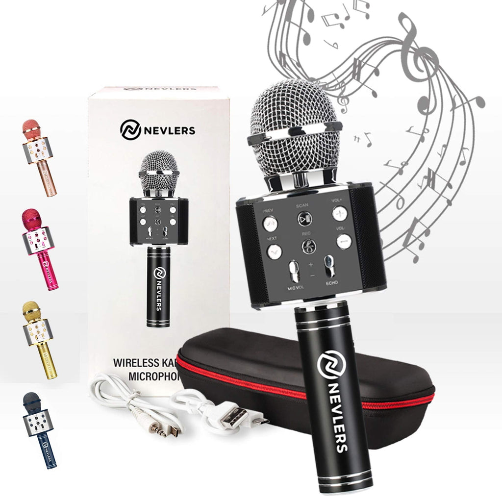 Nevlers Karaoke Microphone with Wireless Bluetooth Speaker and Recording Options , Easy to Use Portable Handheld Karaoke Machine for Kids and Adults - Black - Great for Any Day