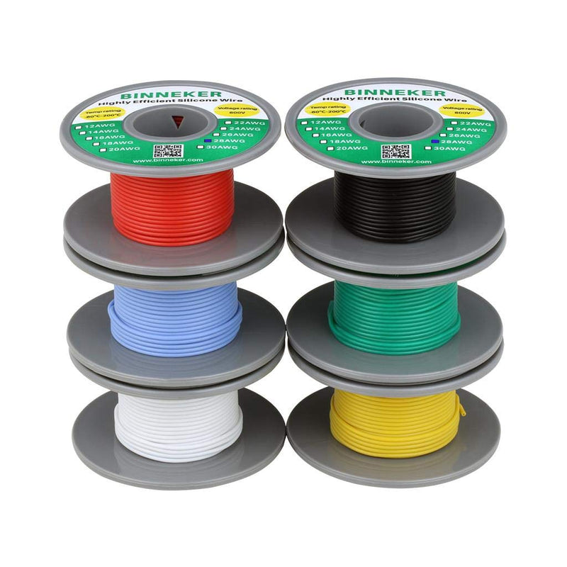 BINNEKER 28 Gauge Silicone Wire Kit 6 Color Red Black White Blue Green Yellow(10m/32.8ft Each) High Resistant 200 deg C 600V Electronic Wire 28 AWG Stranded Wire 16 Strands Tinned Copper Wire Hook Up silicone wire each color 10M silicone wire 6 colors