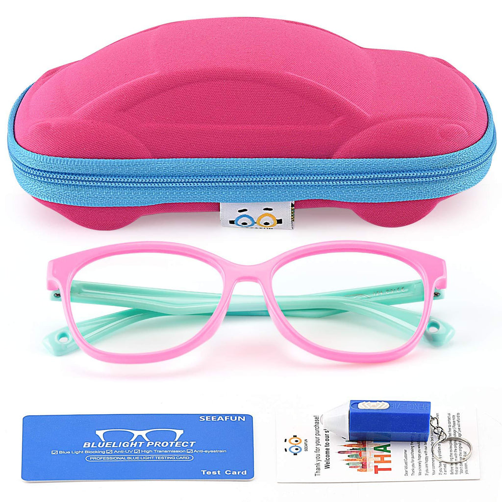 Kids Blue Light Glasses with Cute Car Case, UV400 Protection, Anti Blue Ray Computer Game Glasses Pink/ Green
