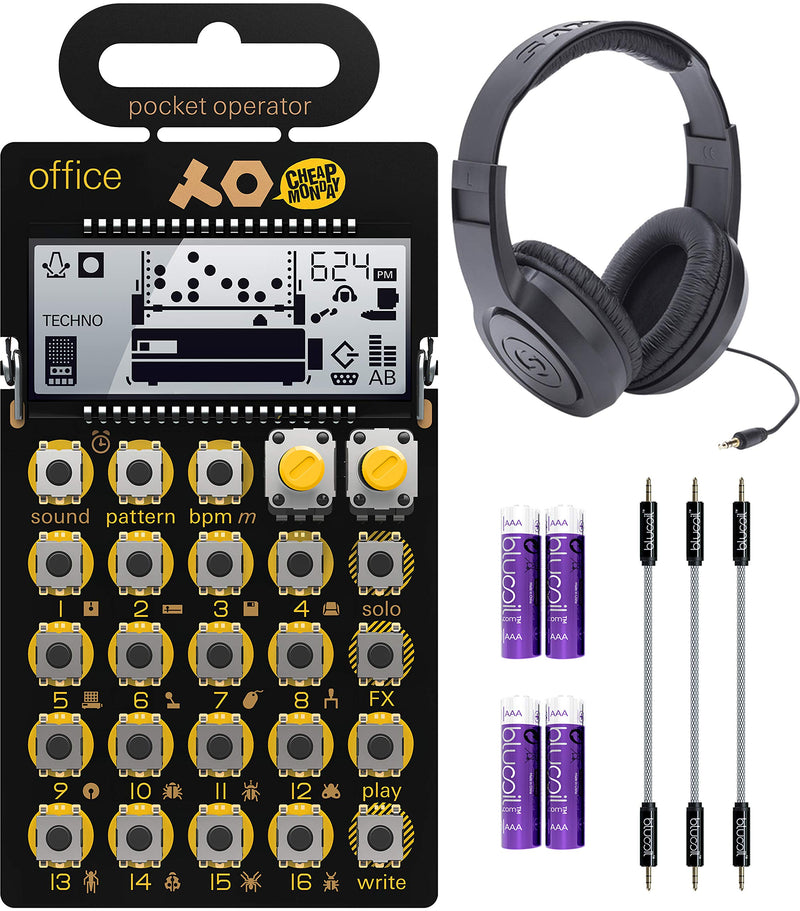 teenage engineering Pocket Operator PO-24 Office Percussion Drum Machine and Sequencer Bundle with Samson SR350 Over-Ear Stereo Headphones, Blucoil 3-Pack of 7" Audio AUX Cables, and 4 AAA Batteries