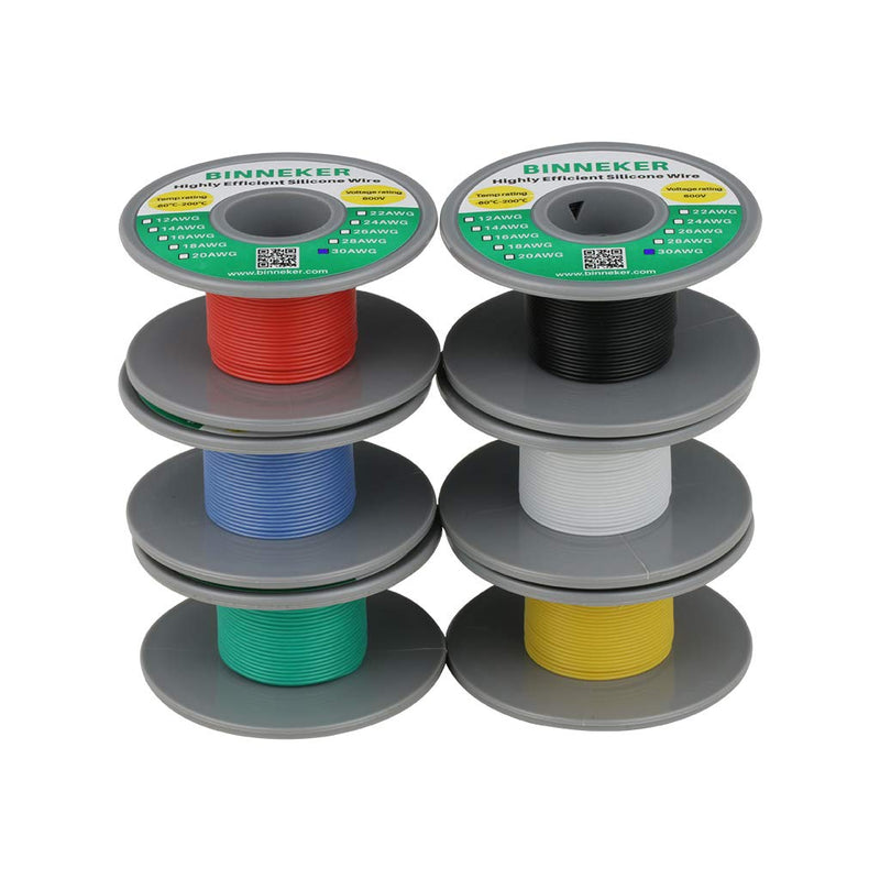 BINNEKER 30 Gauge Silicone Wire Kit 6 Color Red Black White Blue Green Yellow(10m/32.8ft Each) High Resistant 200 deg C 600V Electronic Wire 30 AWG Stranded Wire 11 Strands Tinned Copper Wire Hook Up silicone wire each color 10M silicone wire 6 colors