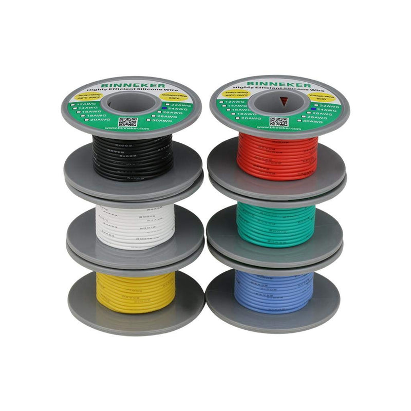BINNEKER 24 Gauge Silicone Wire Kit 6 Color Red Black White Blue Green Yellow(6m/19.7ft Each) High Resistant 200 deg C 600V Electronic Wire 24 AWG Stranded Wire 40 Strands Tinned Copper Wire Hook Up silicone wire each color 6M silicone wire 6 colors