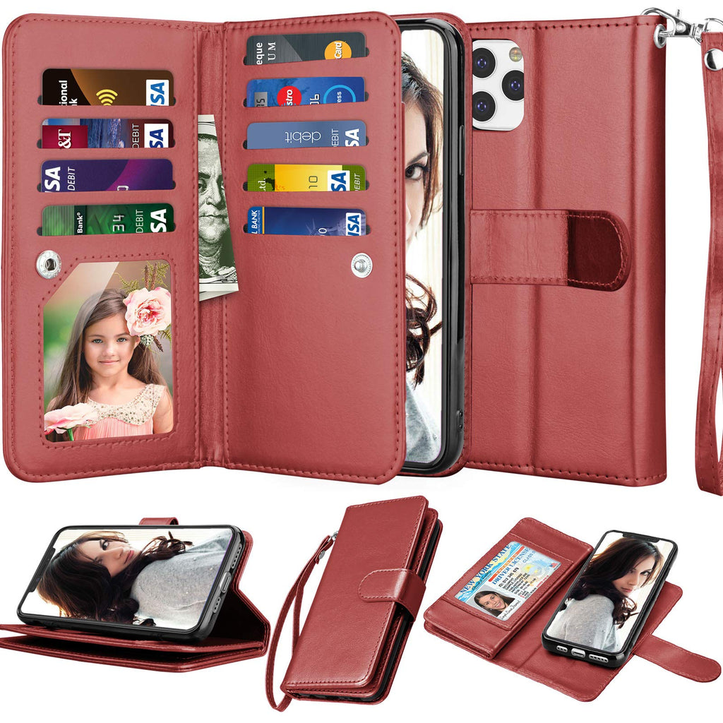 Njjex Wallet Case For iPhone 11 XI, For iPhone 11 Case (6.1"), [9 Card Slots] PU Leather ID Credit Holder Folio Flip [Detachable] Kickstand Magnetic Phone Cover & Lanyard For iPhone 11 2019 - Wine Red