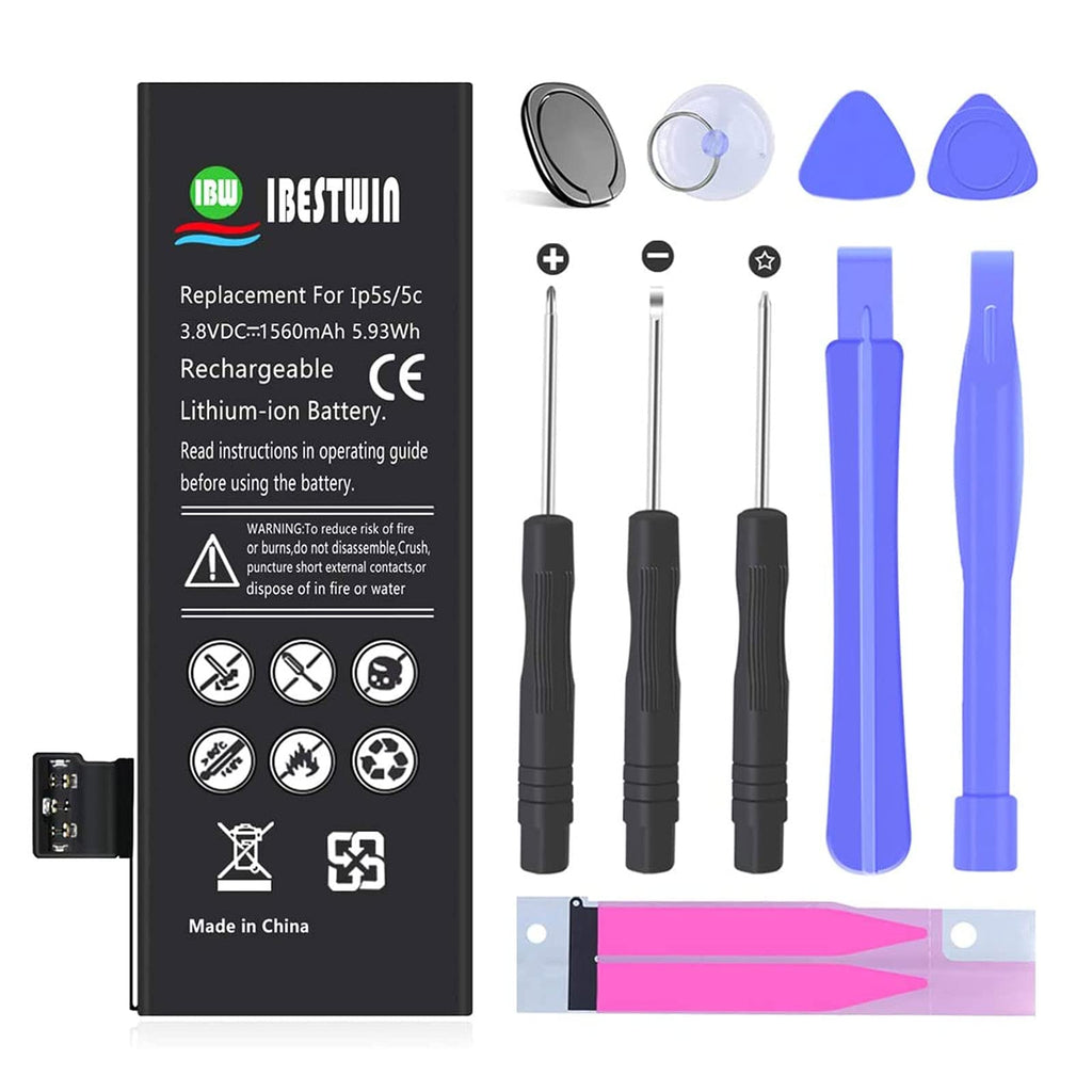 Battery for iPhone 5S 5C, IBESTWIN 1560mAh Replacement Battery for IP 5S 5C with Full Repair Tool Kit, 0 Cycle 3 Years Warranty