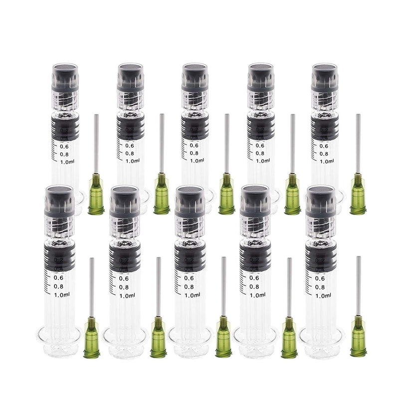 Kopperko 10 Pack Borosilicate Glass Luer Lock Syringe - 1ml Capacity Reusable, Heat Resistant Tube for Labs - Use for Thick Liquids, Glue, Lab, Ink - with Bonus 14GA Blunt Tip Non-Hypodermic Needles