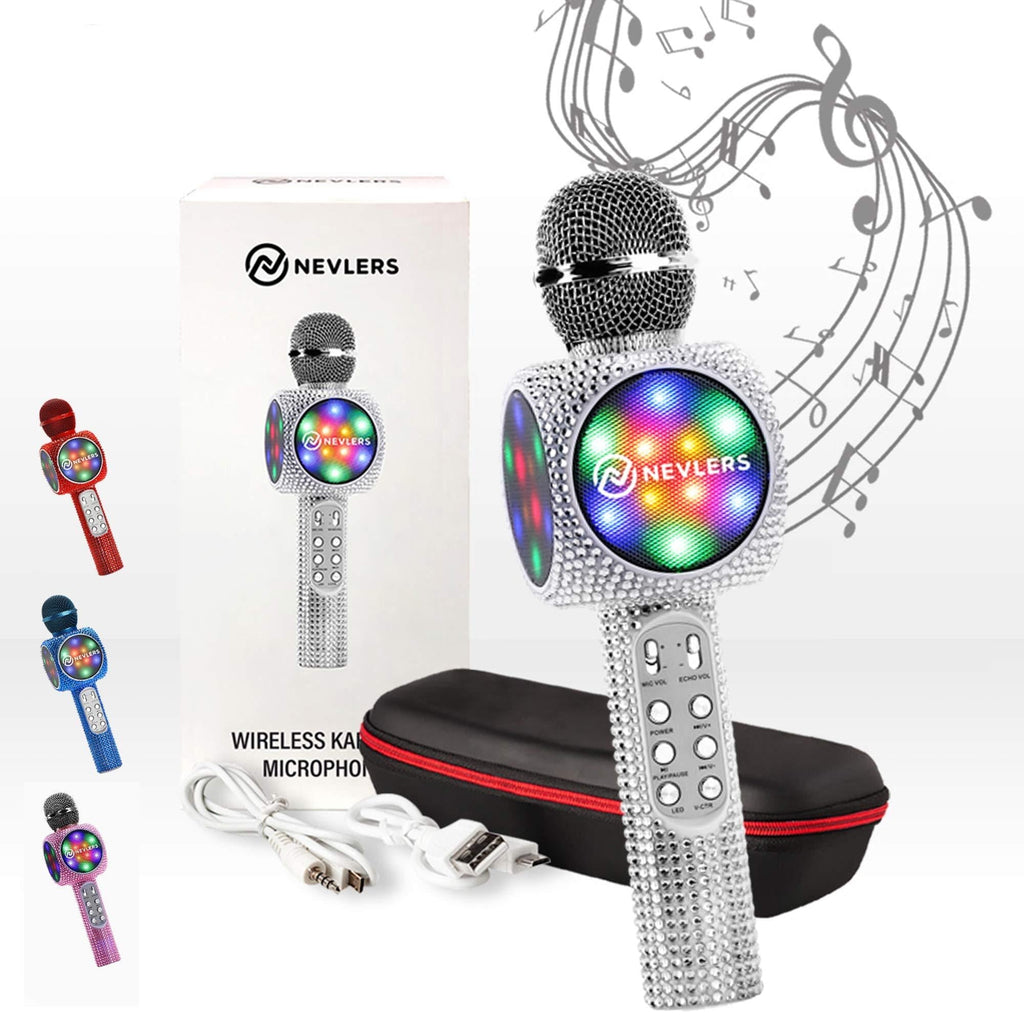 NEVLERS Karaoke Microphone with Wireless Bluetooth Speaker, Voice Changer and Colorful LED Lights, Easy To Use Portable Karaoke Machine for Kids and Adults - SILVER BLING