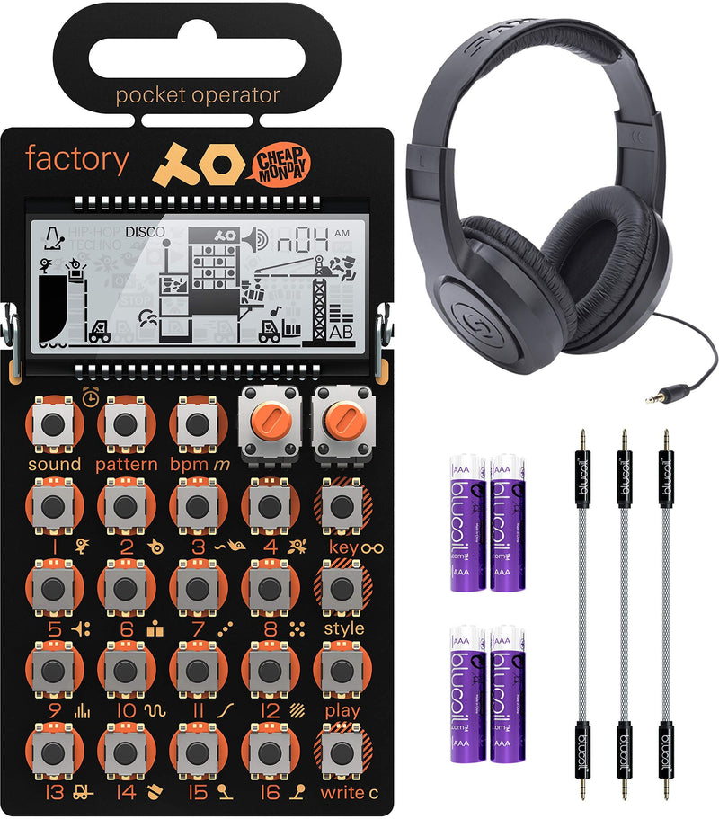 Teenage Engineering PO-16 Pocket Operator Factory Lead and Chord Synthesizer Bundle with Samson SR350 Over-Ear Closed-Back Headphones, Blucoil 3-Pack of 7" Audio Aux Cables, and 4 AAA Batteries PO-16 Factory