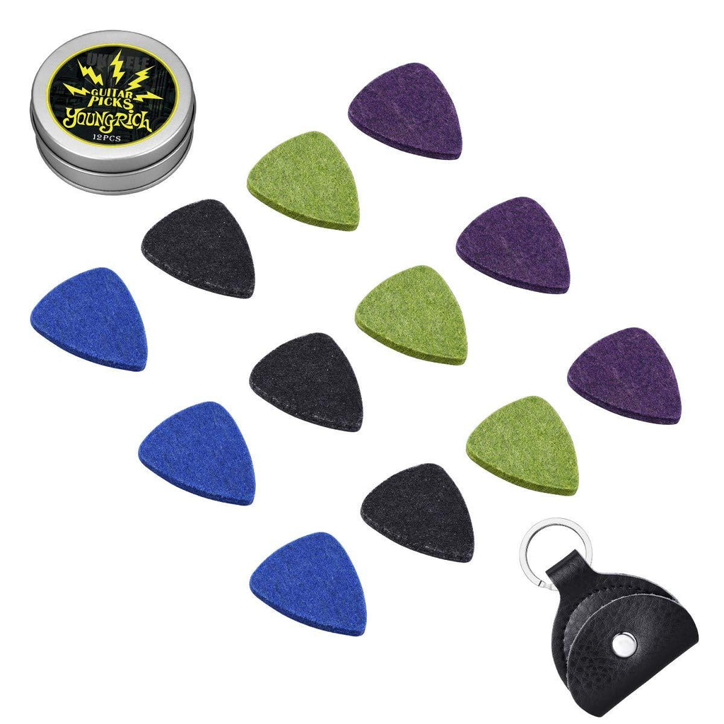 YoungRich Felt Ukulele Picks Economy 12 Pack Multi-color Felt Picks Free Bonus Round Tin Box & Picks Holder Best Gift for Electric Acoustic Bass Guitar Ukulele, 3mm Blue Green Purple Black