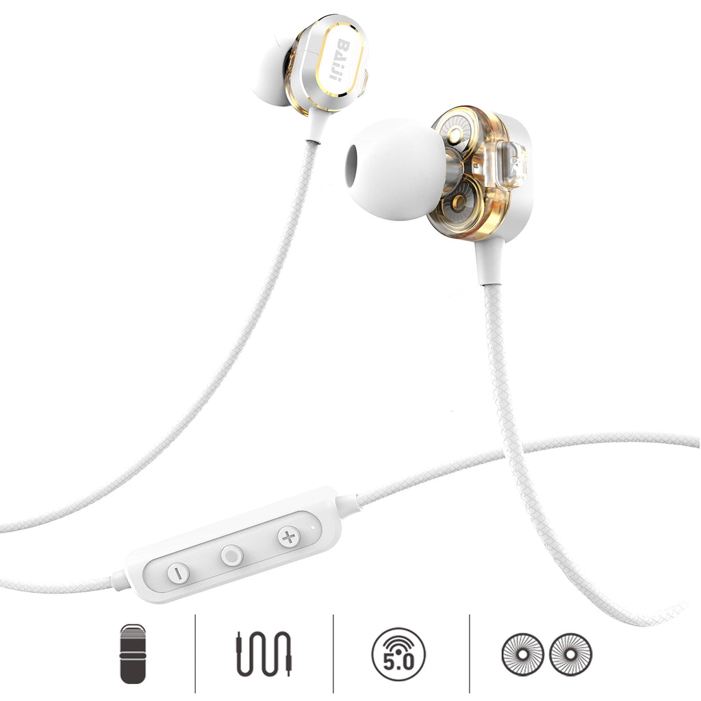 14 Hours Dual Dynamic Drives BAIJI Bluetooth Headphones Full Frequency HiFi Stereo Wireless Magnetic Earbuds Sport with Fixed Clip & Non-Slip Cable with Clear Mic, Comfortable & Fast Pairing (Silver) Silver