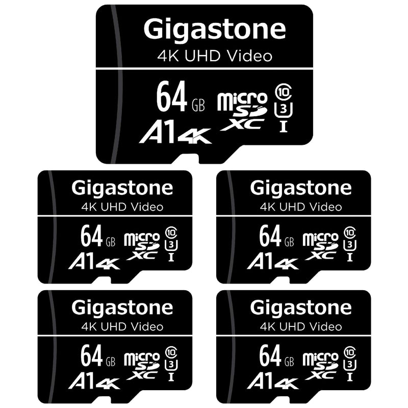 [Gigastone] 64GB 5-Pack Micro SD Card, 4K UHD Video, Surveillance Security Cam Action Camera Drone Professional, 90MB/s Micro SDXC UHS-I A1 Class 10, with Adapters MSD 64-1-5PK