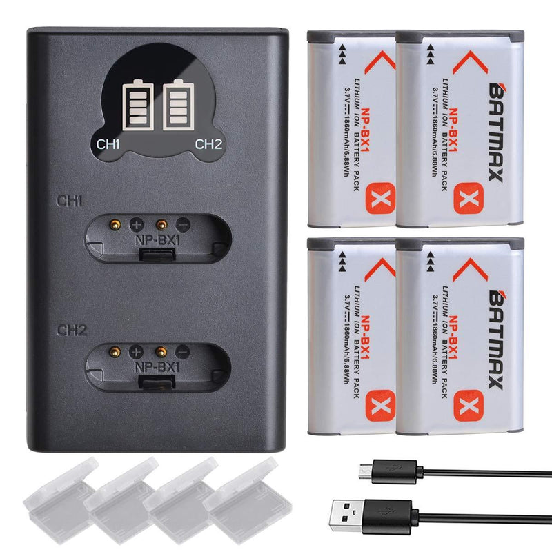 Batmax 4Pcs NP-BX1 Battery + LCD Dual USB Charger with Type C Port for Sony Cyber-Shot DSC-RX100, RX100 II, RX100 III, RX100 V, RX100 VII, DSC-RX100 IV, HX80, HX50V, HX400, DSC-WX350