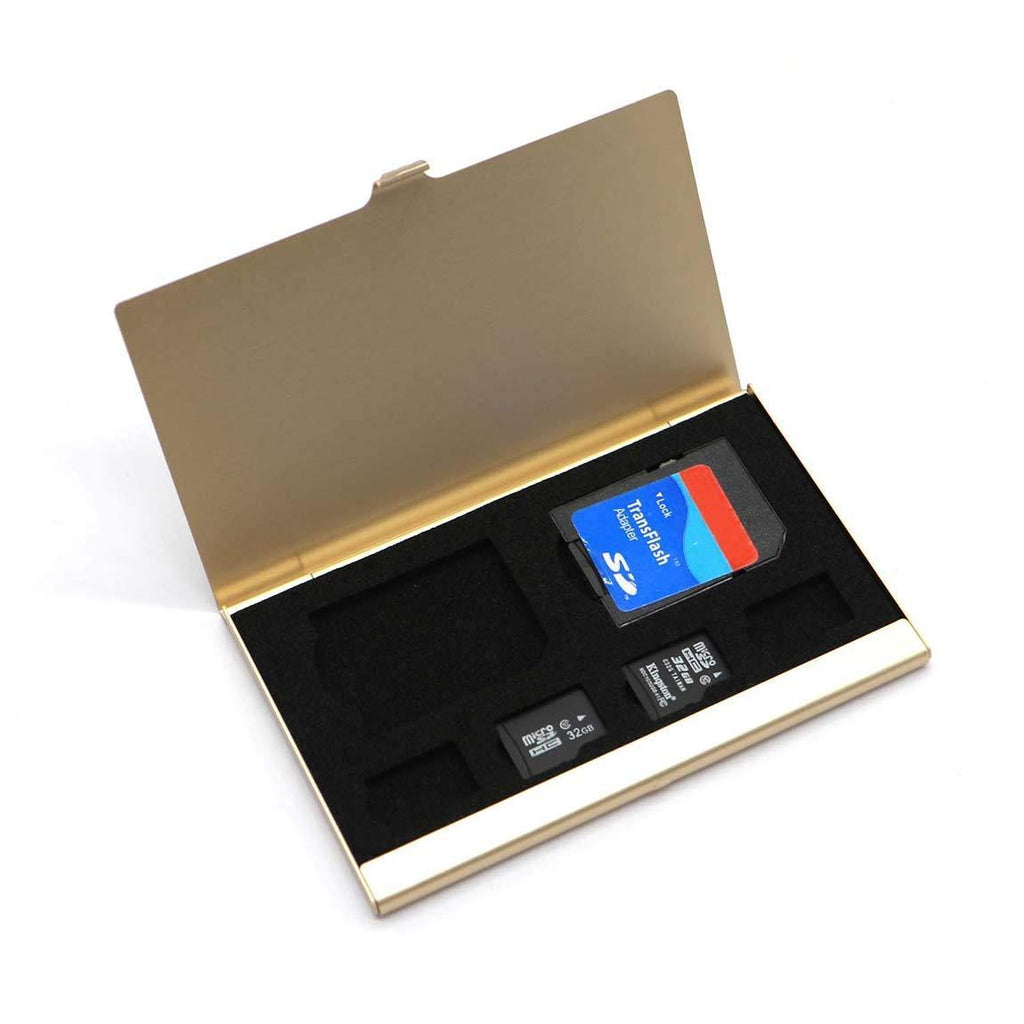 Memory Card Carrying Case SIM Card Gold Aluminum Memory Card Case Storage Box,with 4 Micro SD & 2 SD Cards Slots(Not Include SD Card),Waterproof SIM Card Protector Storage Box