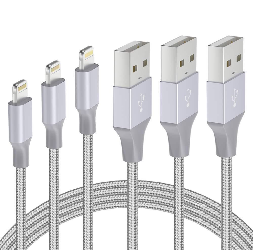 iPhone Charger Cable - 3 Pack 3/6/10 ft MFi Certified Lightning to USB Cable Nylon Braided Fast Charging Syncing Cord Compatible with iPhone 13 12 Pro Max 11 X Xs XR 8 7 6 Plus Mini iPad Airpods, Grey Gray