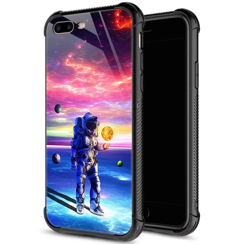 iPhone 8 Plus Case,9H Tempered Glass iPhone 7 Plus Cases for Boys Men,Funny Astronauts and Stars Pattern Shockproof Anti-Scratch Case for Apple iPhone 7/8 Plus 5.5 inch Stars Astronauts