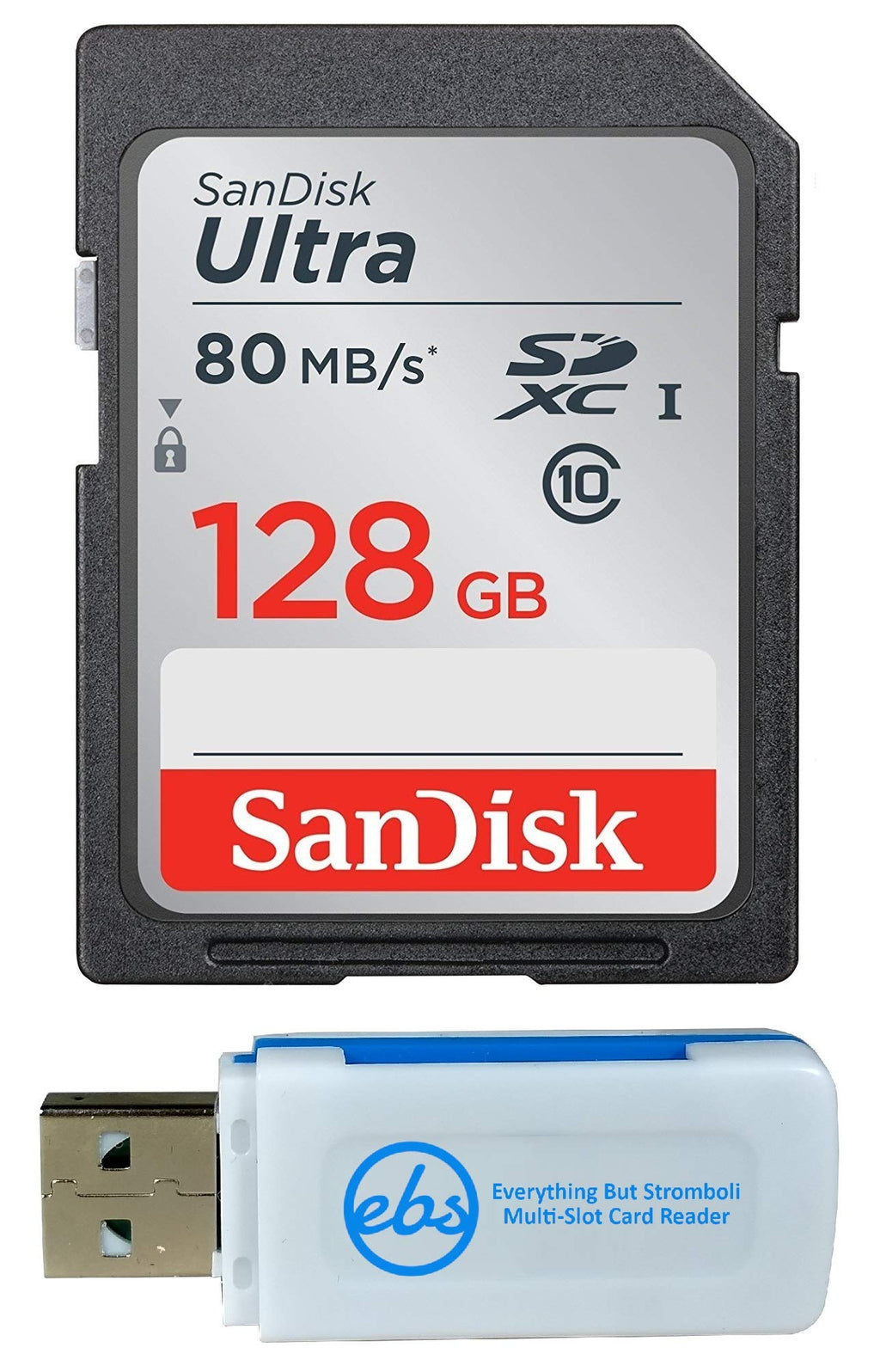 SanDisk 128GB SDXC SD Ultra Memory Card Class 10 Works with Sony Cyber-Shot DSC-W800, W830, W810 Digital Camera (SDSDUNC-128G-GN6IN) Bundle with 1 Everything But Stromboli Multi-Slot Card Reader Class 10 128GB