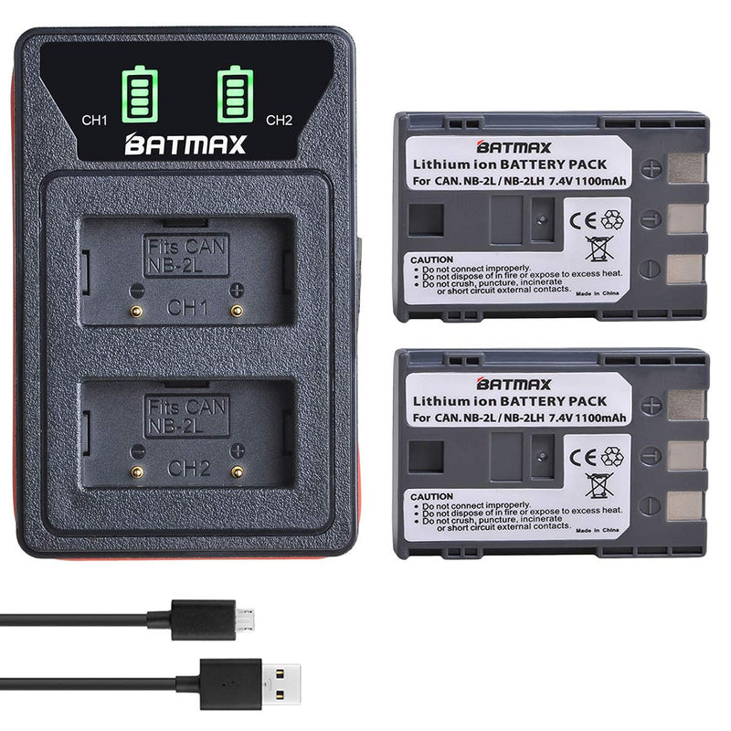 Batmax 2Pcs NB-2L NB-2LH Battery + Built-in USB LED Charger for Canon PowerShot G7 G9 S80 S70 S60 S50 S45 S40 S30, Canon DC410 DC420 EOS 350D 400D Digital Rebel XT XTi, VIXIA HF R10