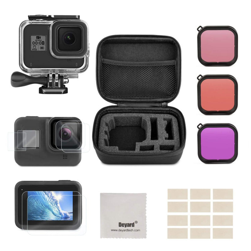Deyard Accessories Kit Compatible with GoPro Hero 8 Black with Shockproof Small Case + Waterproof Case + Tempered Glass Screen Protector + Lens Filters + Anti-Fog Inserts Bundle For GoPro Hero 8