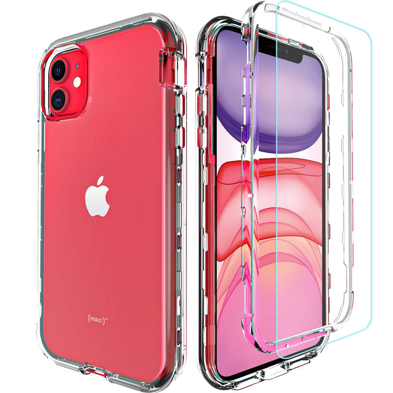 AMENQ Case for iPhone 11 2019, [Built in Screen Protector] Heavy Duty Clear Hard Protective Case with Shockprook TPU Bumer and Rugged PC Back Armor Cover for iPhone 6.1 inches (Crystal Clear) Crystal Clear