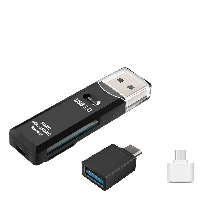 High Speed USB 3.0 Multiple Slots Portable Card Reader with OTG Type-C & Micro-USB Adapter Bundle, SD Card Dongle for Android, Windows, Mac, MacBook, Picture Frame, Raspberry PI, Surface Tablet, PC Black & Adapter Bundle