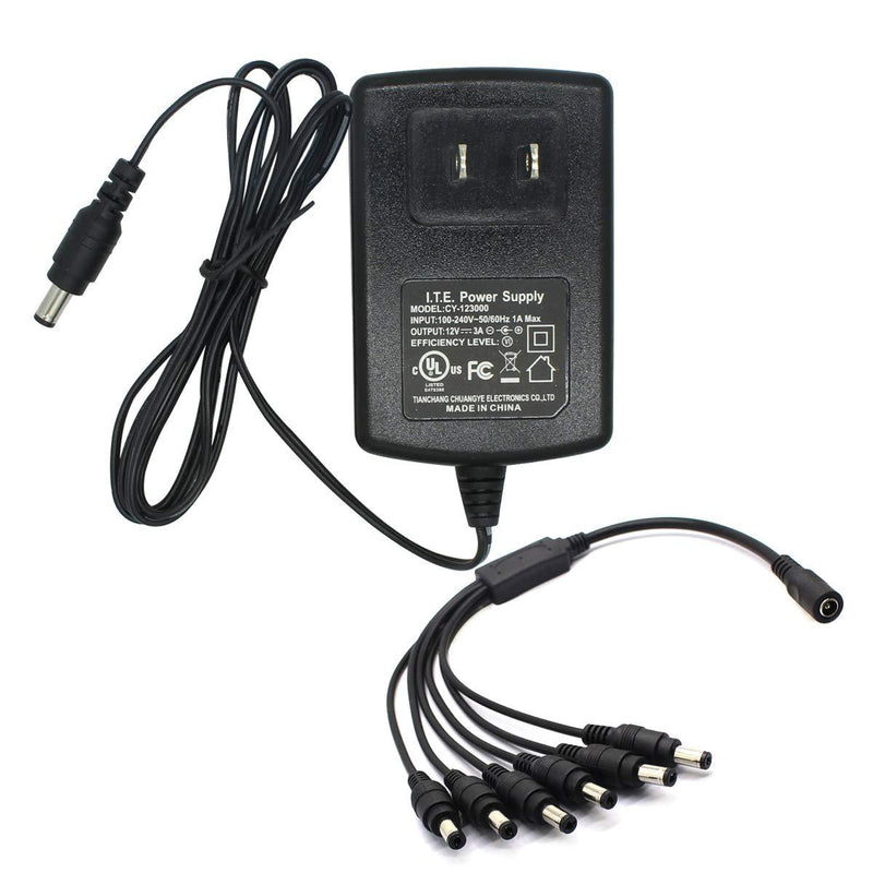 AC to DC 12V 3A Power Supply Adapter with 6 Way Splitter Cable for CCTV Security Camera DVR NVR Led Strip UL Listed FCC