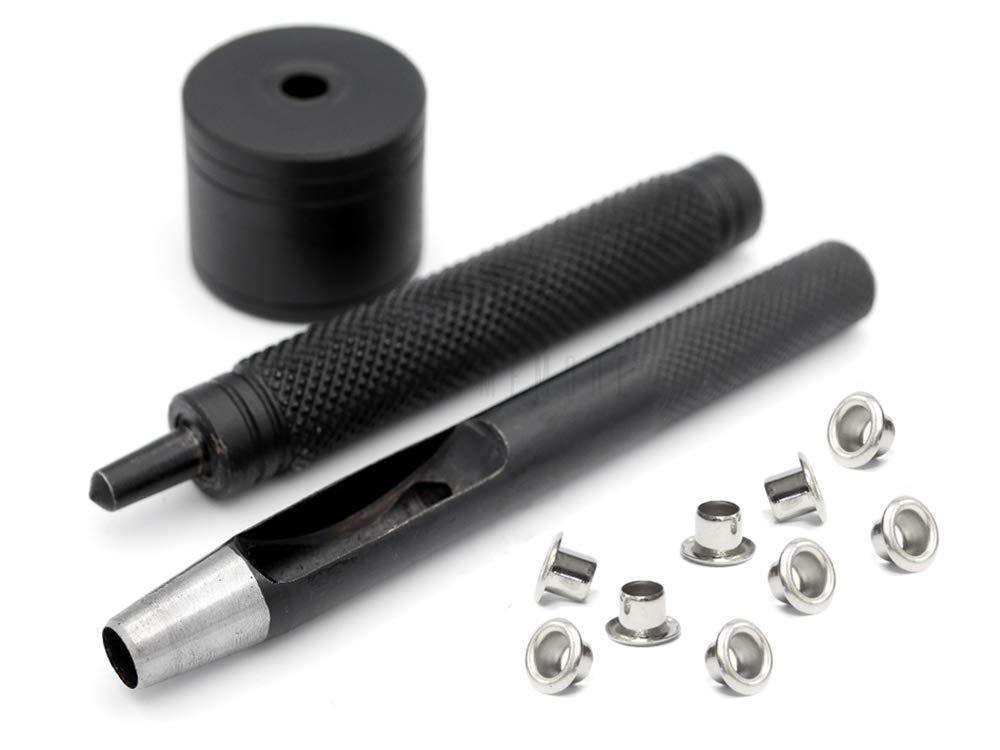 CRAFTMEMORE 2mm Grommet Tool Kit Eyelet Setting Tool Grommet Setter Hole Punch Cutter & Pack of 100 Grommets (0.08" (2mm) Inside Diameter)