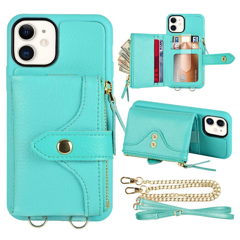 LAMEEKU Wallet Case Compatible with iPhone 11, Crossbody Wallet Case with Credit Card Holder Purse Case Leather Zipper Wallet Shockproof Cover for iPhone 11, 6.1 Inch-Mint Green Mint Green