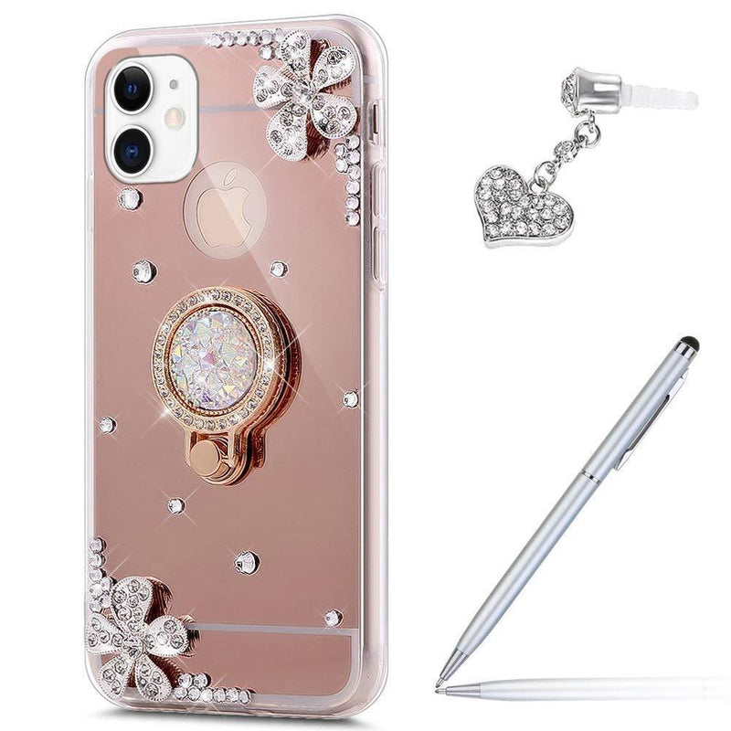 [AUSTRALIA] - ikasus Case for iPhone 11 Diamond Case,Crystal Inlaid diamond Flowers Rhinestone Diamond Glitter Bling Mirror Back TPU Case & Ring Stand + Touch Pen Dust Plug for iPhone 11 Mirror Case,Rose Gold Rose Gold 