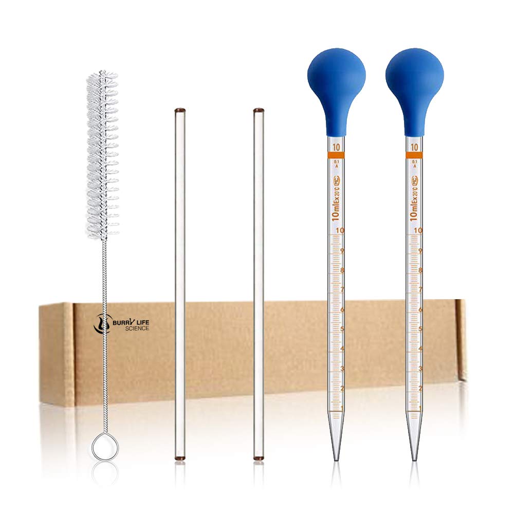 2PCS 10ml Glass Graduated Droppers Lab Pipettes Dropper Liquid Pipette with 2 Rubber Caps 2PCS 20CM Glass Stir Rod and Droppers Brush