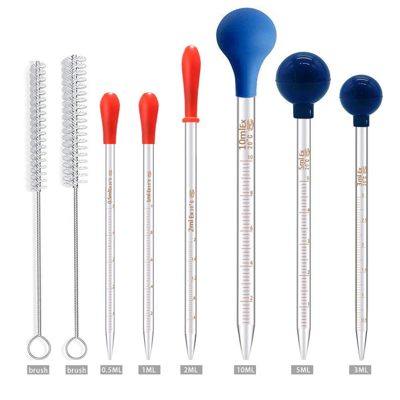 6PCS Thick Glass Graduated Dropper Pipettes Fluid and Liquid Pipettors 0.5ml 1ml 2ml 3ml 5ml 10ml with Caps and 2PCS Washing Brushes (20cm-7.8inch) 6