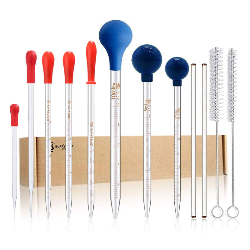 8PCS Thick Glass Graduated Dropper Pipettes Fluid and Liquid Pipettors 0.5ml, 1ml,2ml,3ml,5ml, 10ml,10CM,20CM with Caps and 2PCS Washing Brushes and 2PCS 20cm Glass Stir Rod(20cm-7.8inch) 8