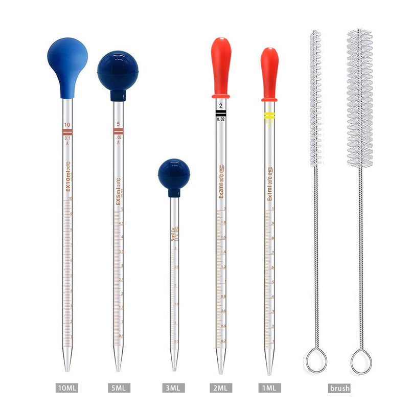 5PCS Thick Glass Graduated Dropper Pipettes Fluid and Liquid Pipettors 1ml 2ml 5ml 10ml 2PCS for Each with Caps and 2PCS Washing Brushes (33cm-13inch) 5
