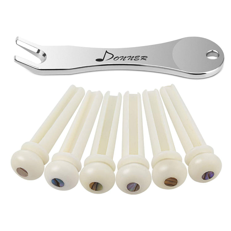 Donner 6PCS Acoustic Guitar Cattle Bone Bridge Pins Inlaid 3mm Abalone Dot with Guitar Pins Puller and Sandpaper Acoustic Guitar DIY Replacement Parts White Cattle Bone