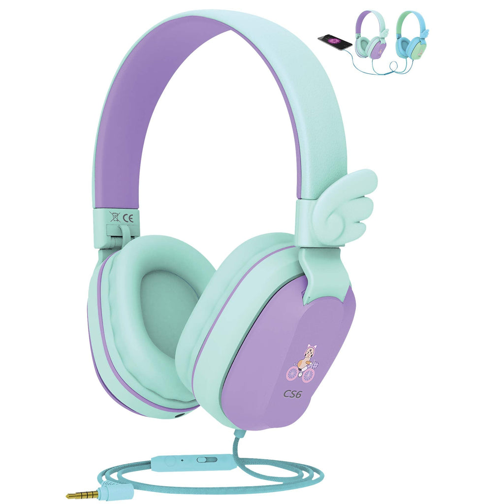 Kids Headphones, Riwbox CS6 Lightweight Foldable Stereo Headphones Over Ear Corded Headset Sharing Function with Mic and Volume Control Compatible for iPad/iPhone/PC/Kindle/Tablet (Purple&Green) Purple Green