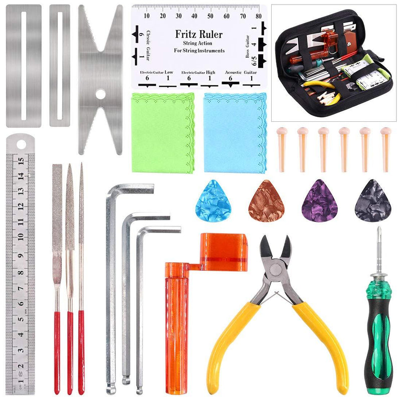 Glarks 28Pcs Guitar Maintenance and Repair Kit Including Fingerboard Protector, Hex Wrenches, Files, String Ruler Action Ruler, Spanner Wrench, Bridge Pins for Acoustic Electric Guitar & Bass Ukulele