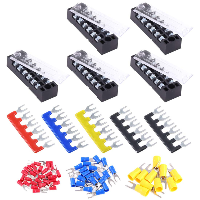Glarks 70Pcs(5Sets) Terminal Block Set, 5Pcs 6 Positions 600V 15A Dual Row Screw Terminals Strip + 5Pcs Pre-Insulated Barrier Strips + 60Pcs Insulated Fork Wire Connector (6P+Fork Connector) 6P+Fork Connector