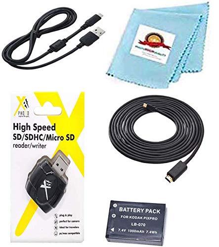 LB-070 Battery + USB Cable + Hdmi Cable + Card Reader + Cleaning Cloth for Kodak PIXPRO AZ651, AZ652, AZ901, S-1, Digital Camera