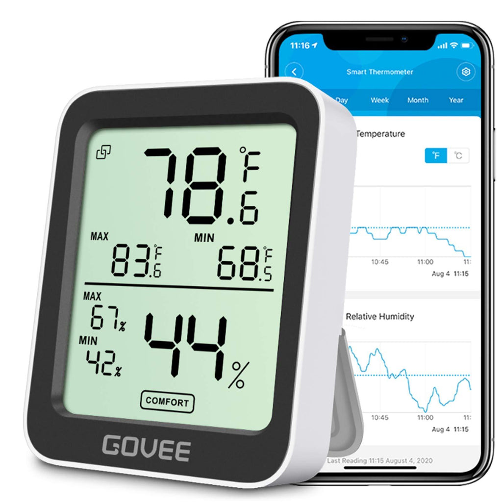 Govee Bluetooth Digital Hygrometer Indoor Thermometer, Room Humidity and Temperature Sensor Gauge with Remote App Monitoring, Large LCD Display, Notification Alerts, 2 Years Data Storage Export, Black
