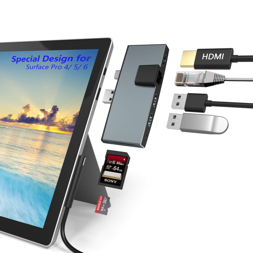 【Upgraded Version】 Surface Pro USB Hub Docking Station 6 in 1 Converter Adaptor with 100M Ethernet LAN+2 Port USB 3.0+Mini DP to HDMI+SD/TF(Micro SD) Card Reader for Surface Pro 4/ Pro 5/ Pro 6 Surface Hub