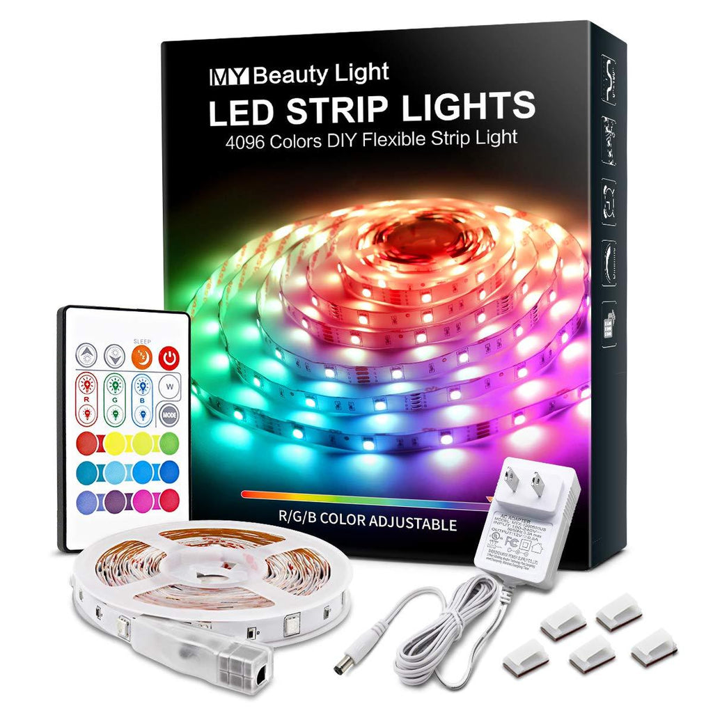 RGB Led Strip Lights 16.4 Feet 4096 DIY Colors Changing Rope Light 30mins Timing Off Led Tape Light Kits with 24keys Ir Remote, Adhesive Clips and 12v Ul Plug for Bedroom Kitchen Cabinet Tv Bar Party 16.4FT