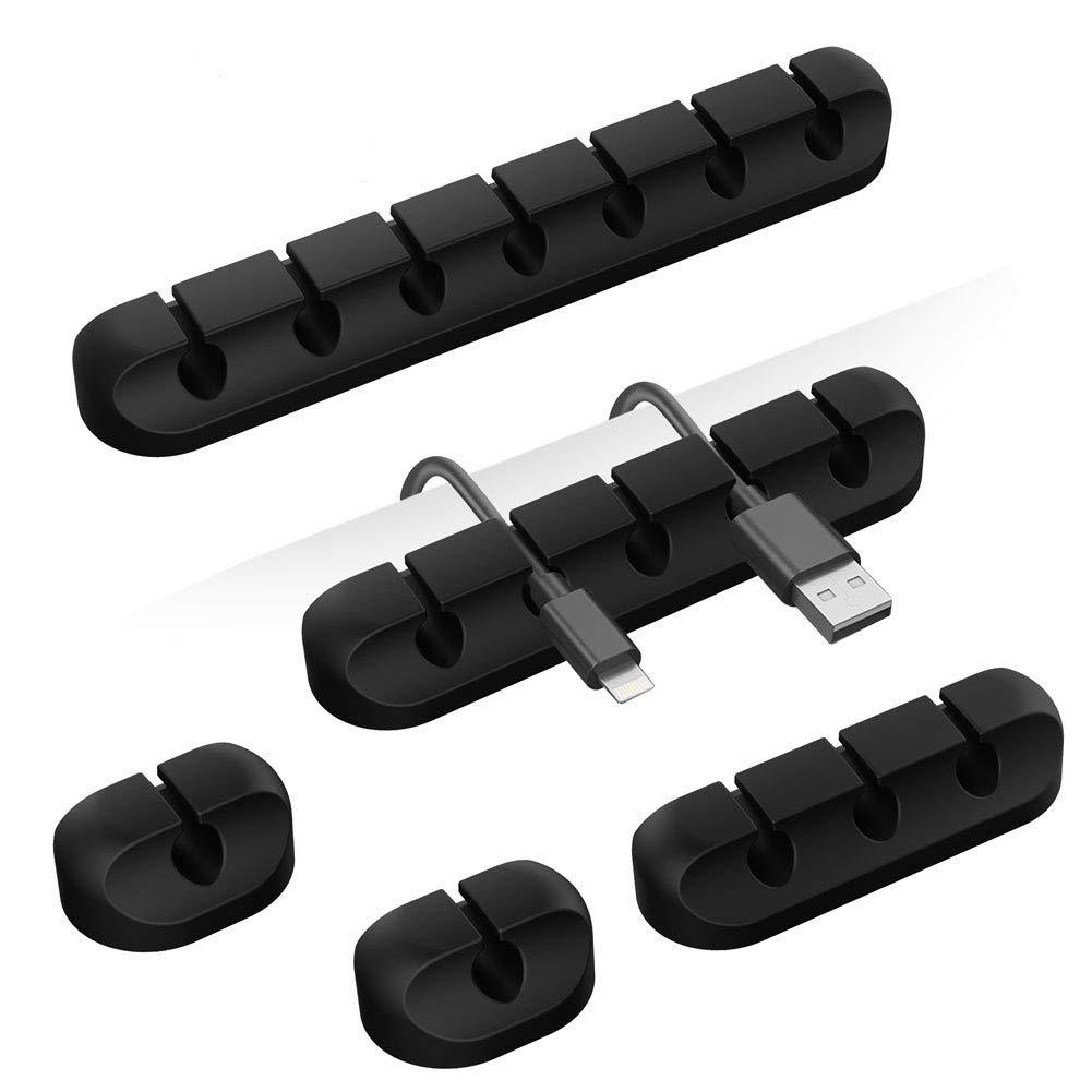 Cable Clips, 5 Packs Cable Management Cord Organizer, Self Adhesive Cord Holder for for USB Cable/Power Cord/Wire, Car and Desk, Home and Office (7-5-3-1-1 Slots) Black