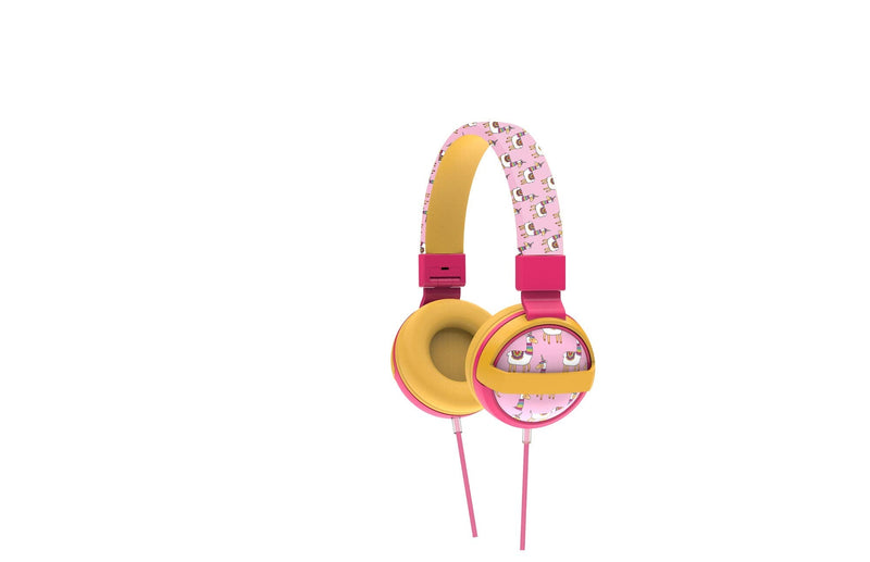 Gabba Goods Premium Kids Safe Sound Printed & Foldable Over The Ear Comfort Padded Stereo Headphones for Children with AUX Cable | Earphones Pink Llama