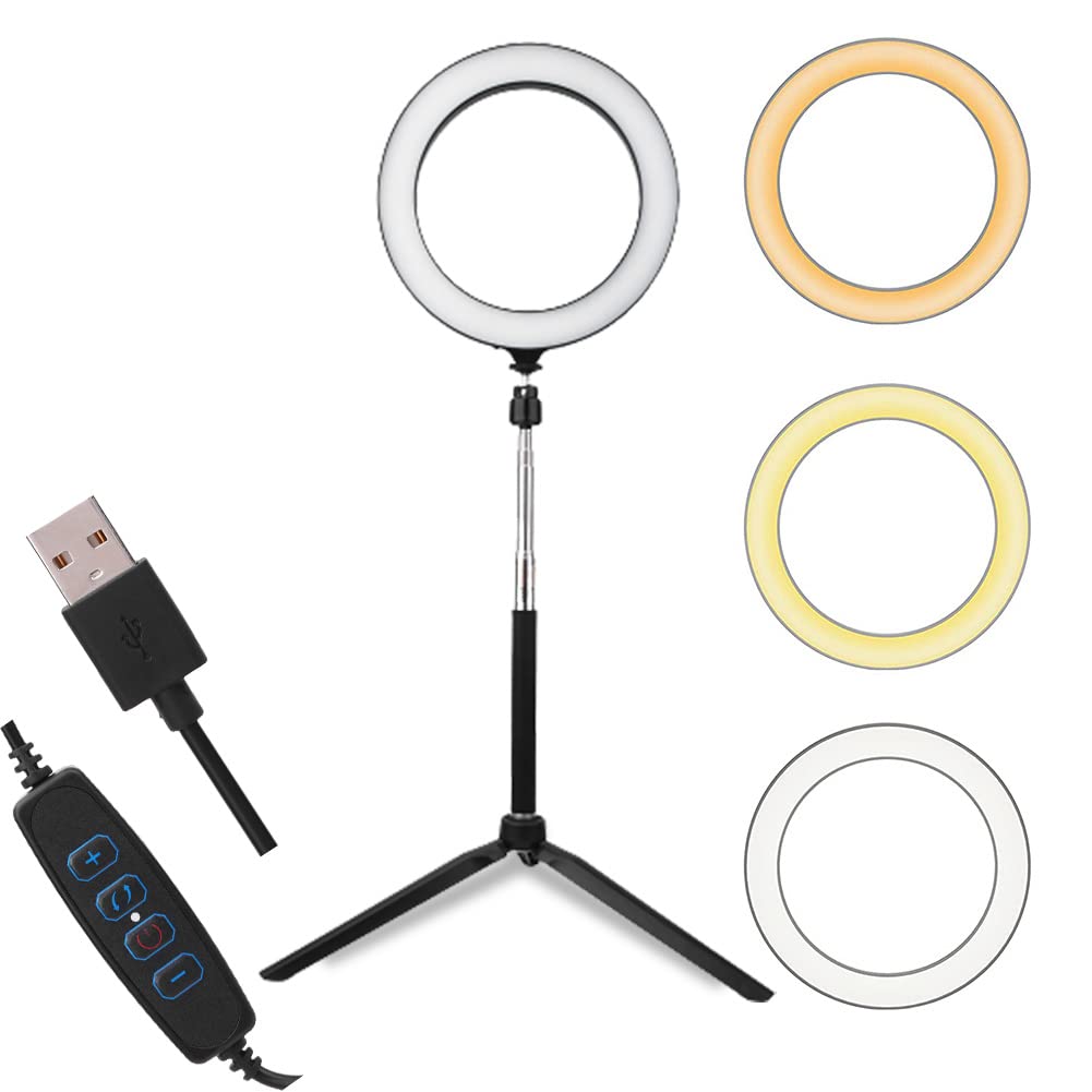 Vbestlife Selfie Ring Light with Tripod Phone Holder, 20cm/ 8in LED Camera Light Ring Support USB,3200K-5500K Dimmable 3 Colors 10 Brightness for YouTube Video Makeup