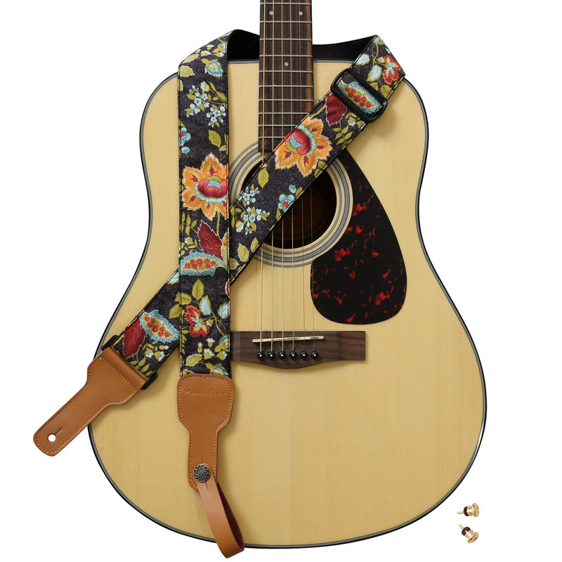 MUSIC FIRST Original Design, 2 inch width (5cm), Vintage French Country Style “Floral” Soft Cotton & Genuine Leather Delux Guitar Strap, Ukulele Strap, Mandolin Strap