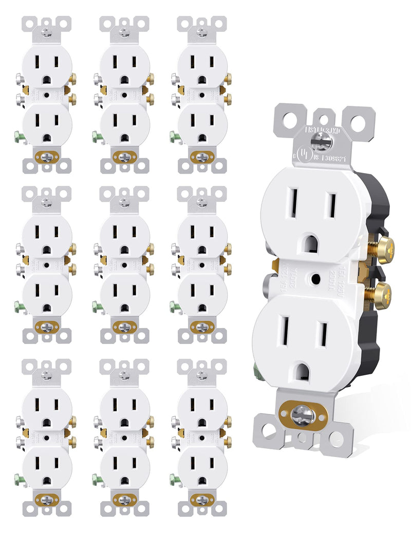 AIDA Duplex Receptacle Wall Outlet, Residential, 3-Wire, Self-Grounding, 15Amp 125V, UL Listed, Push & Side Wire, White (10 Pack) 15Amp Duplex Receptacle Outlet